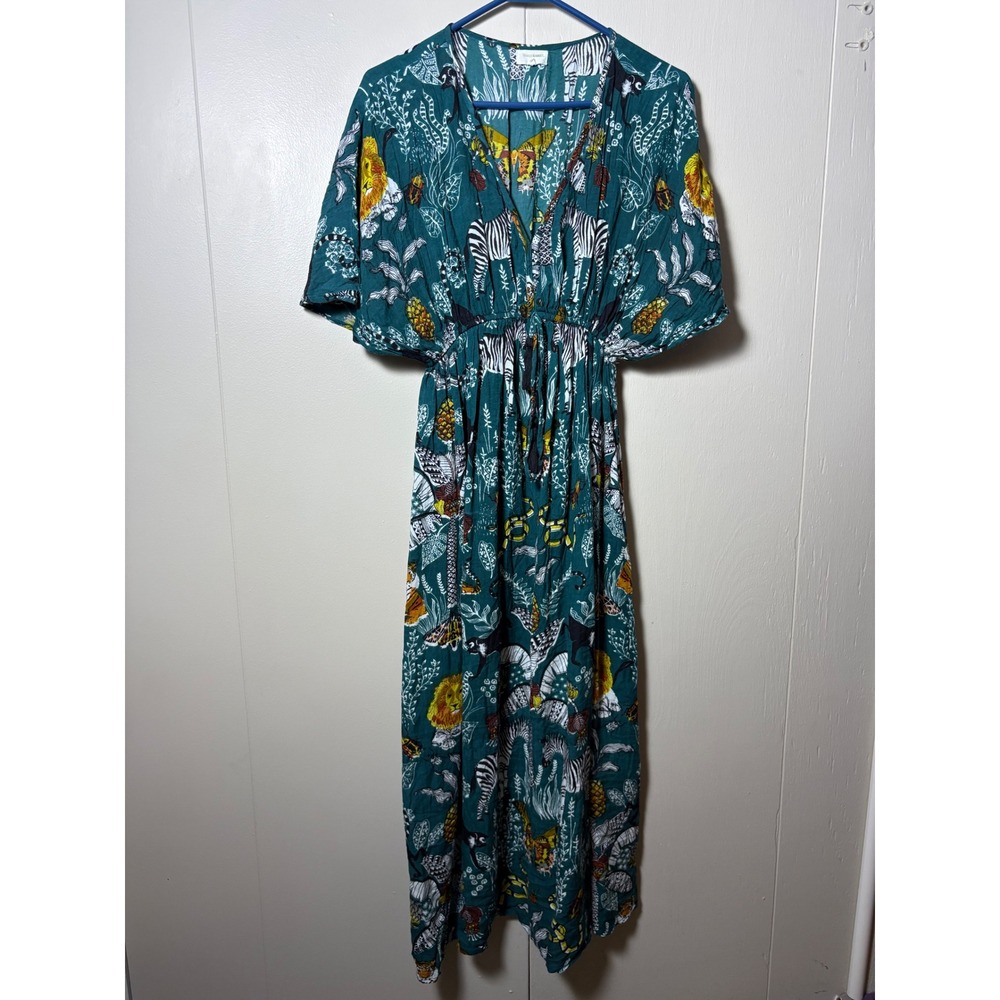 World Market Jungle Animal Print Maxi Dress Teal Rayon Tassel Boho S/M Resort